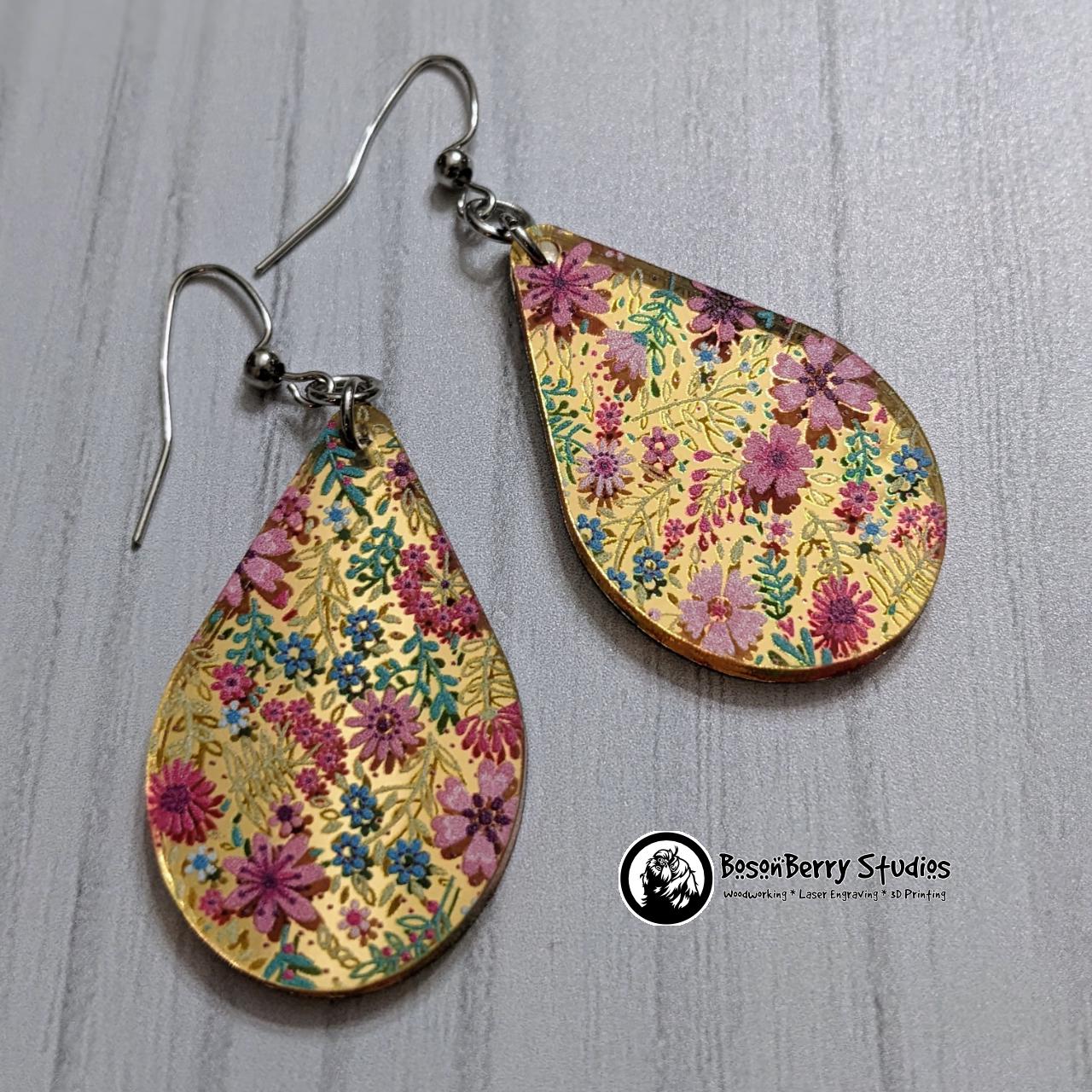 Pink Floral Gold-Mirrored Acrylic Earrings