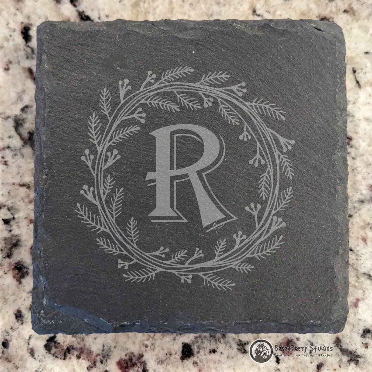 Herb Wreath Monogram 4 Pack Slate Coasters