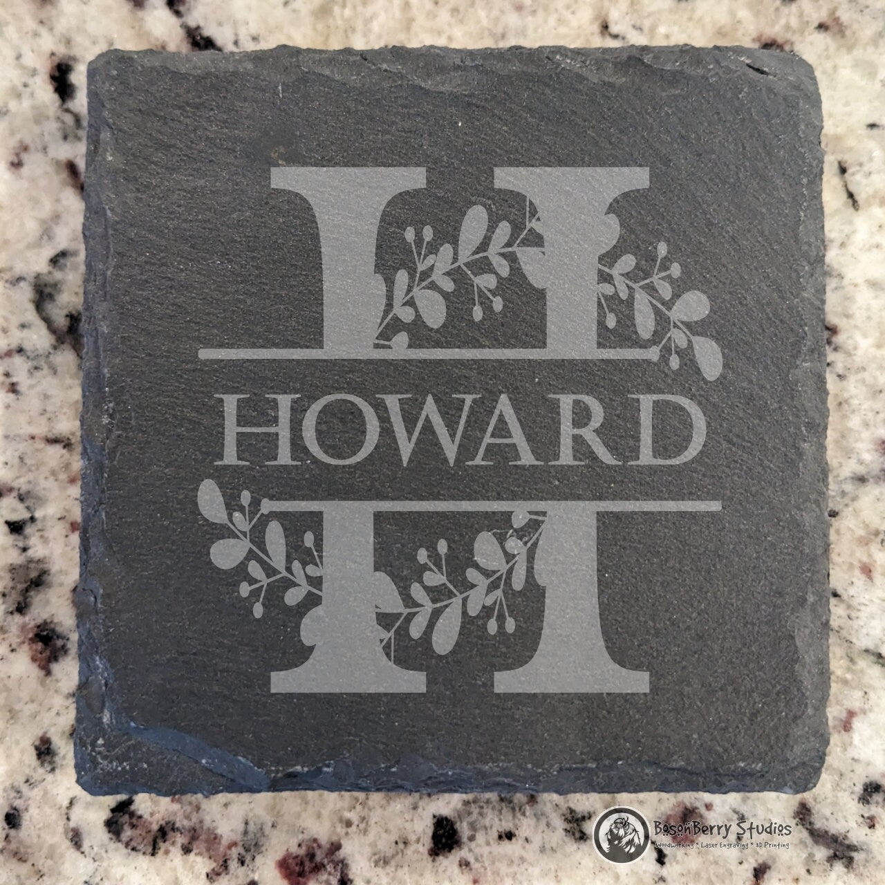 Leaves Sprig Monogram 4 Pack Slate Coasters