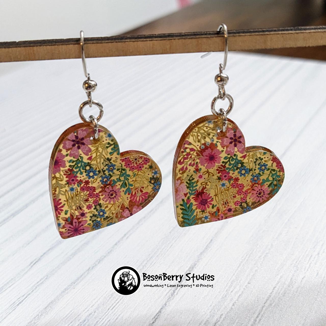 Pink Floral Gold-Mirrored Acrylic Earrings