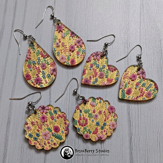 Pink Floral Gold-Mirrored Acrylic Earrings