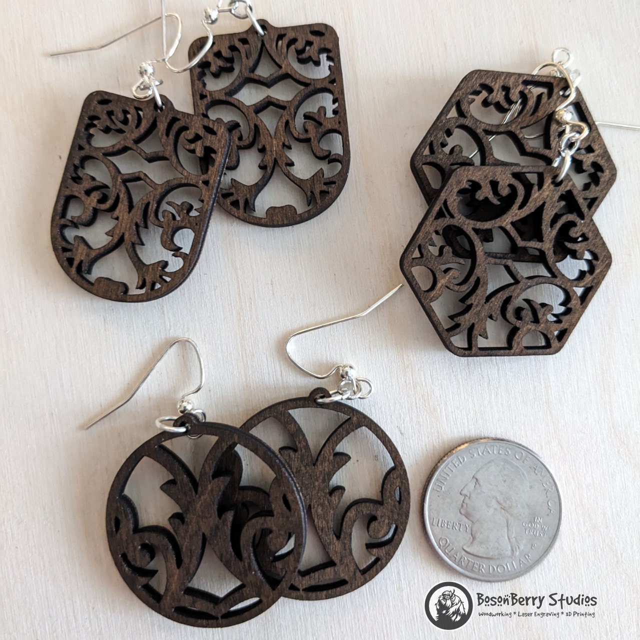 Elegant Damask Wooden Earrings: 3 Shapes