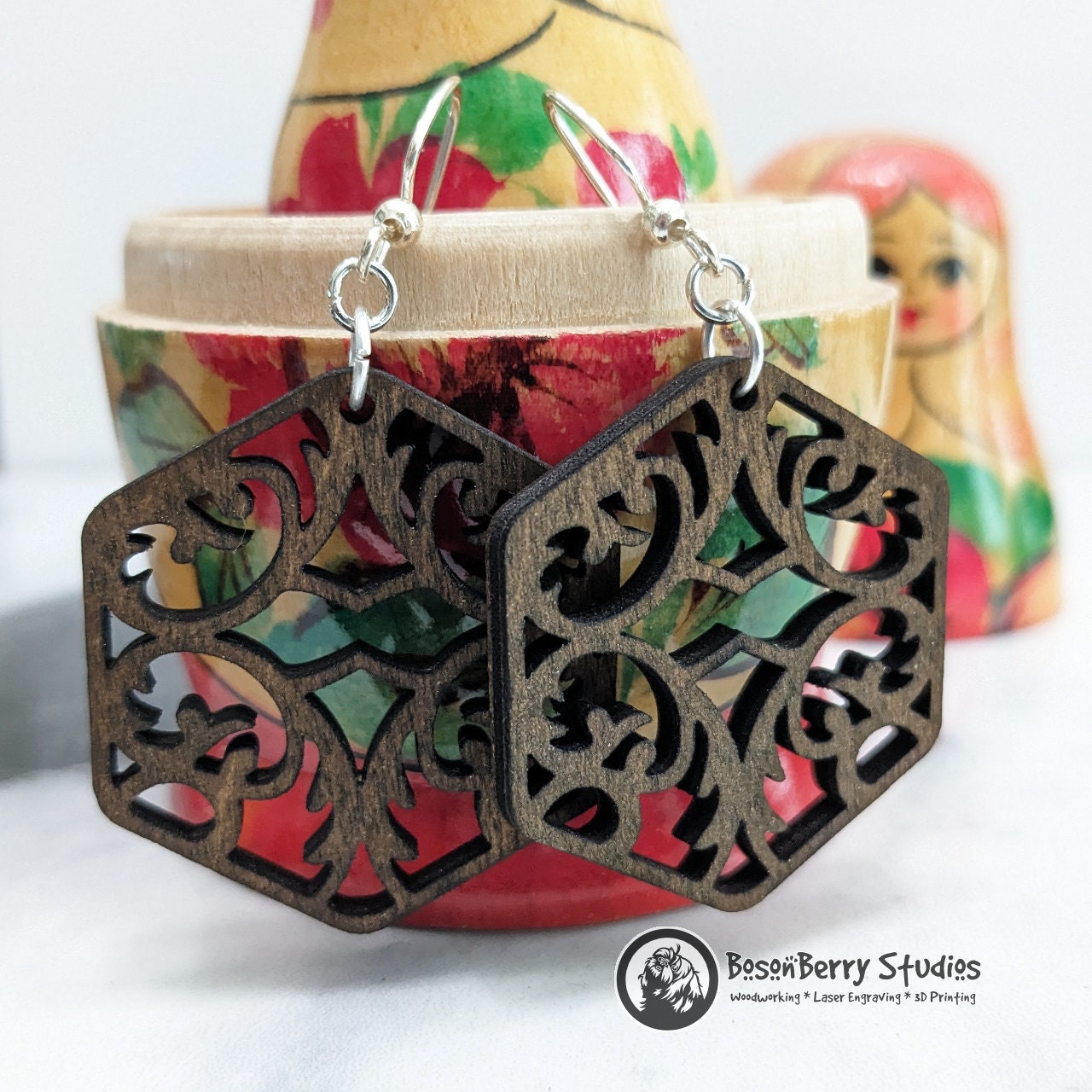 Elegant Damask Wooden Earrings: 3 Shapes