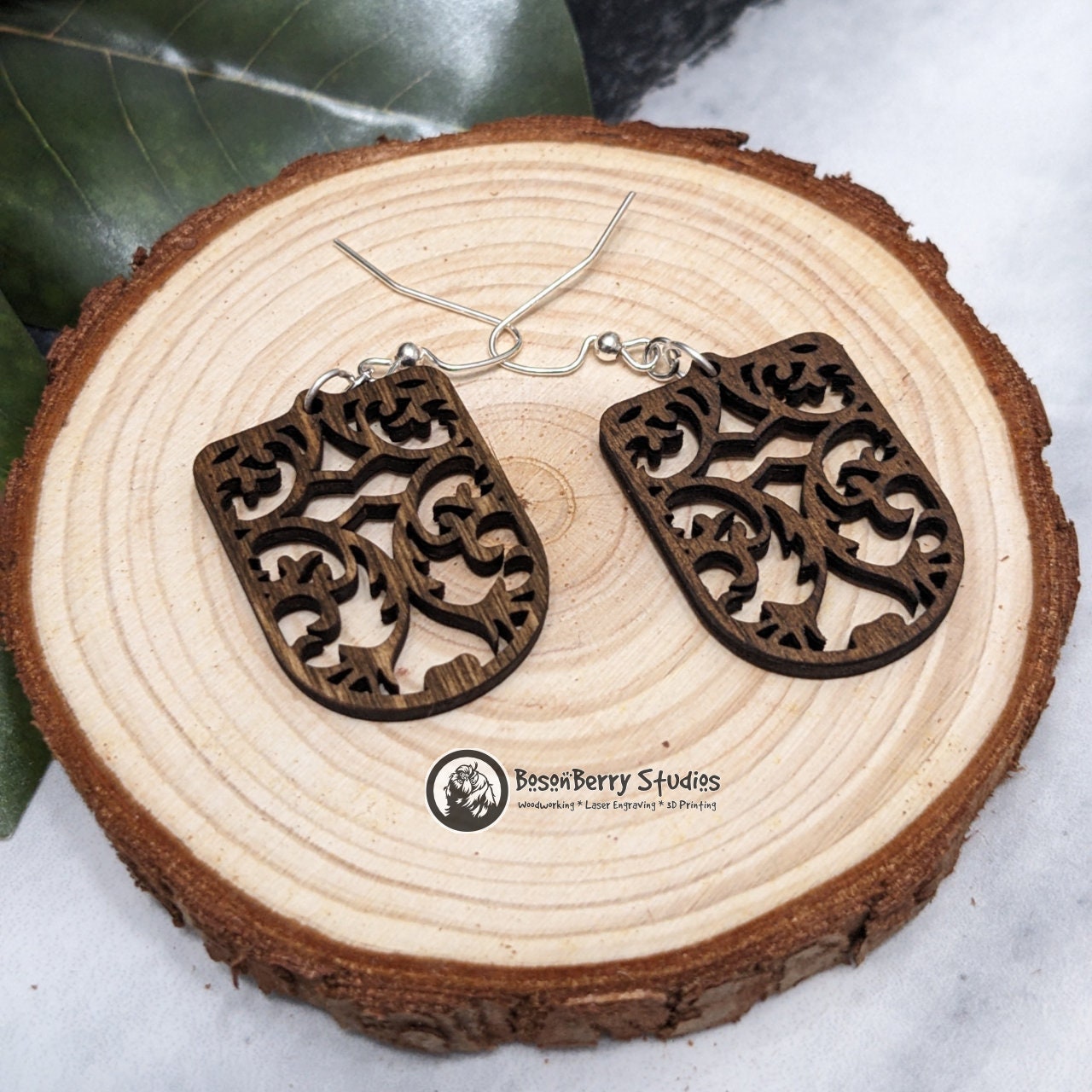 Elegant Damask Wooden Earrings: 3 Shapes