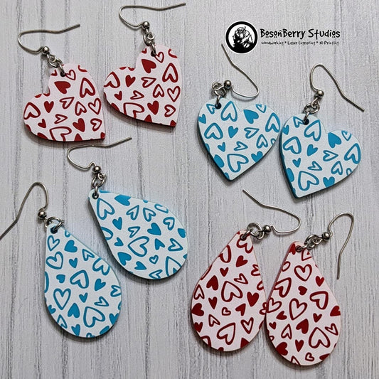 Colored Heart Acrylic Earrings in Red or Teal