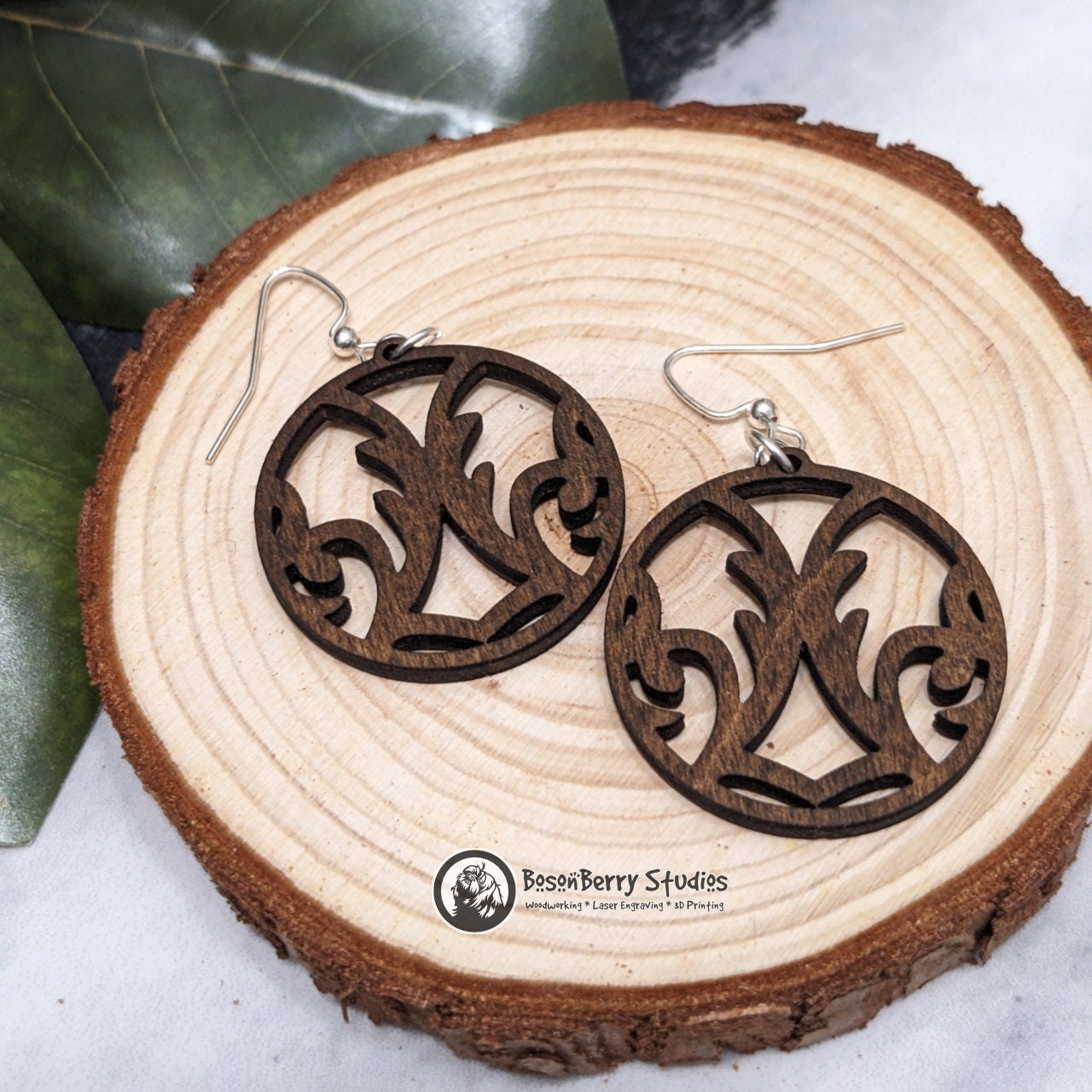 Elegant Damask Wooden Earrings: 3 Shapes