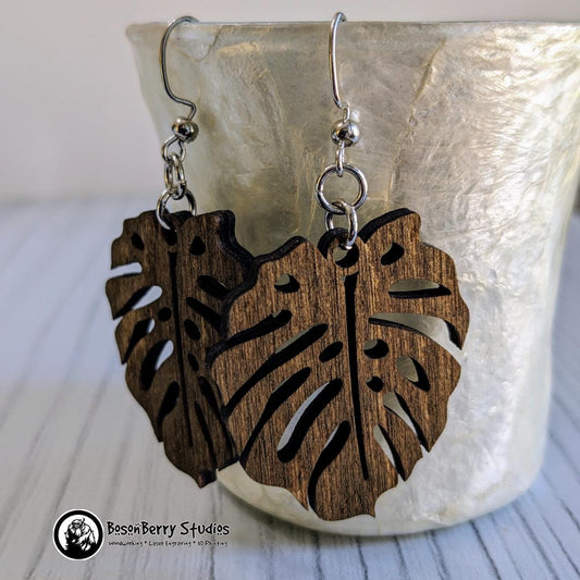 Monstera Leaf Wooden Earrings