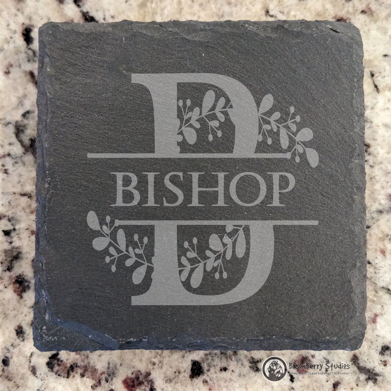 Leaves Sprig Monogram 4 Pack Slate Coasters