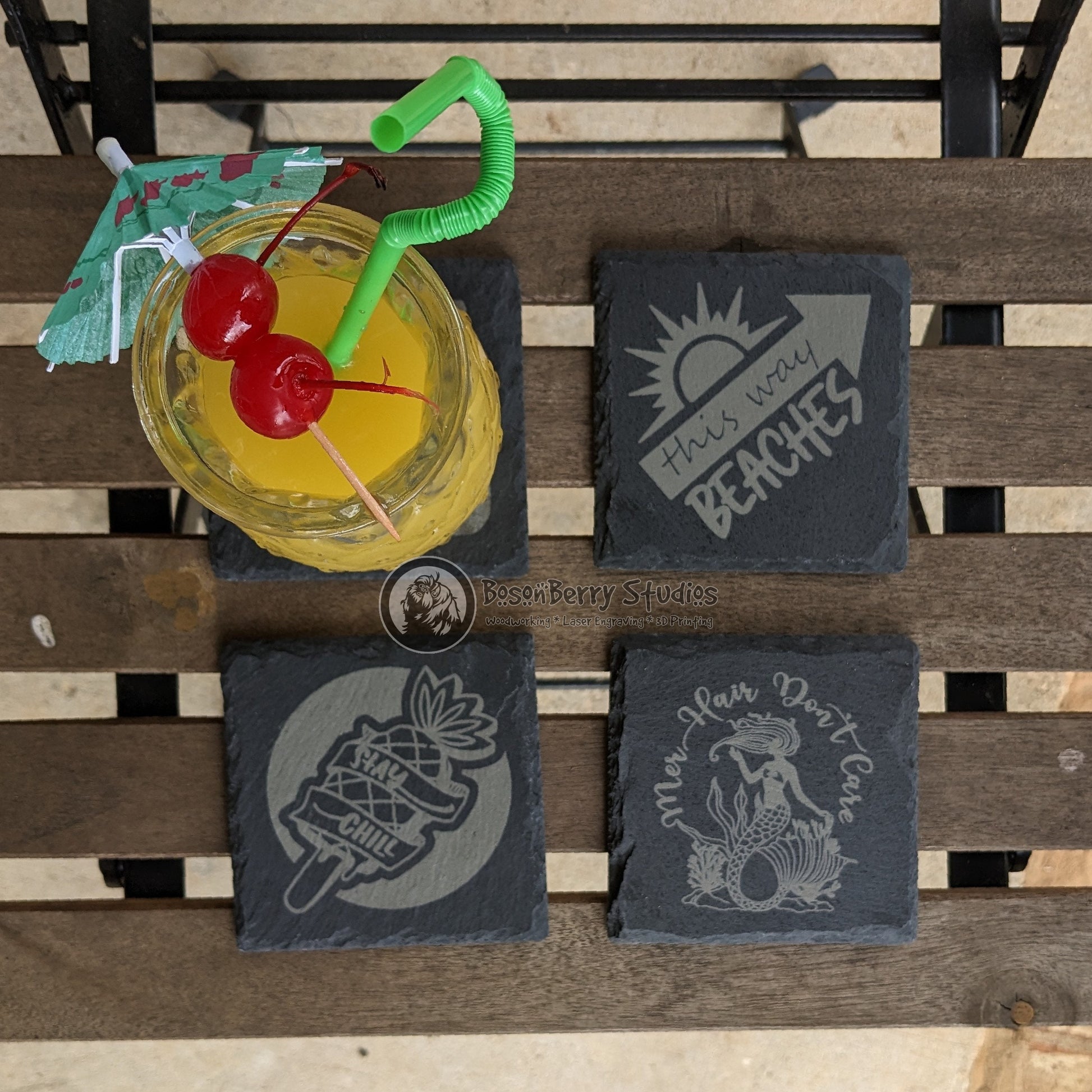 Beach, Please! 4 Pack Slate Coasters | Laser Engraved | Funny Gifts | Home Decor