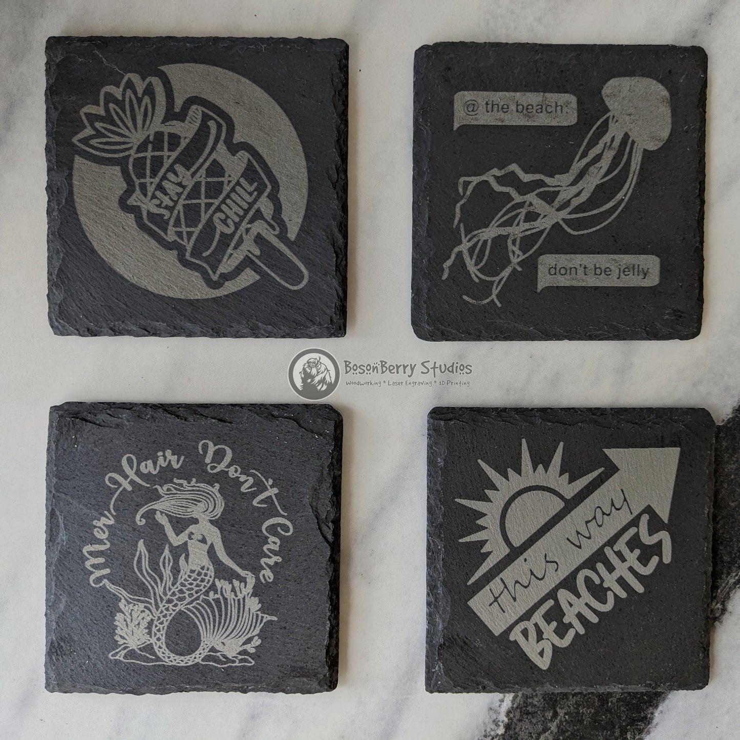 Beach, Please! 4 Pack Slate Coasters | Laser Engraved | Funny Gifts | Home Decor