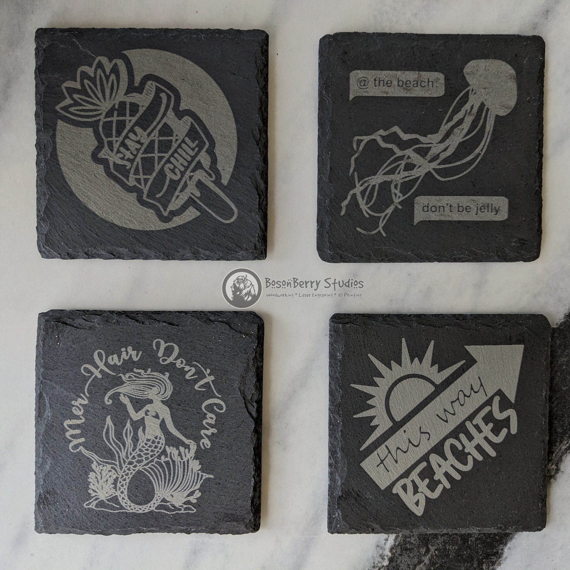 Beach, Please! 4 Pack Slate Coasters | Laser Engraved | Funny Gifts | Home Decor