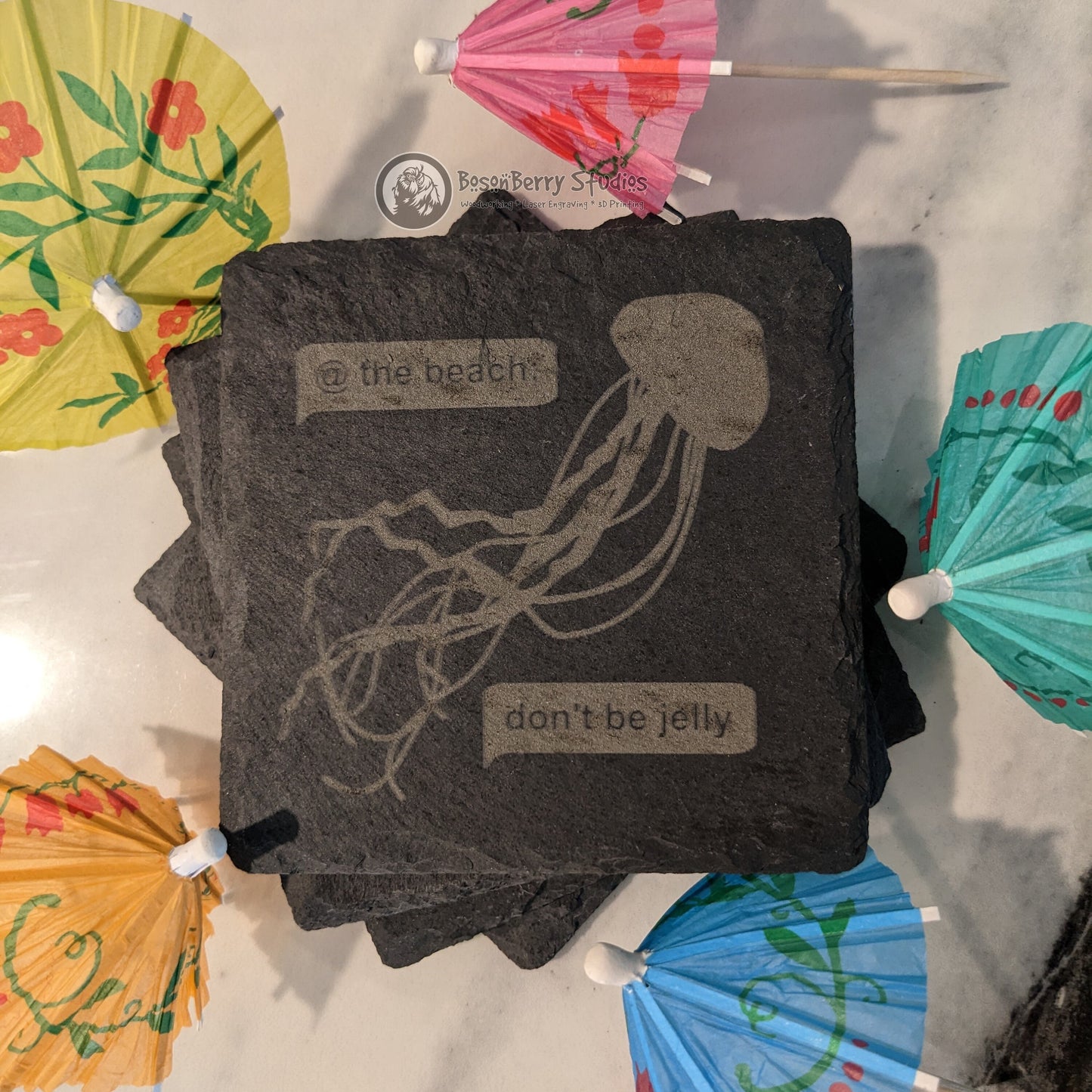 Beach, Please! 4 Pack Slate Coasters | Laser Engraved | Funny Gifts | Home Decor