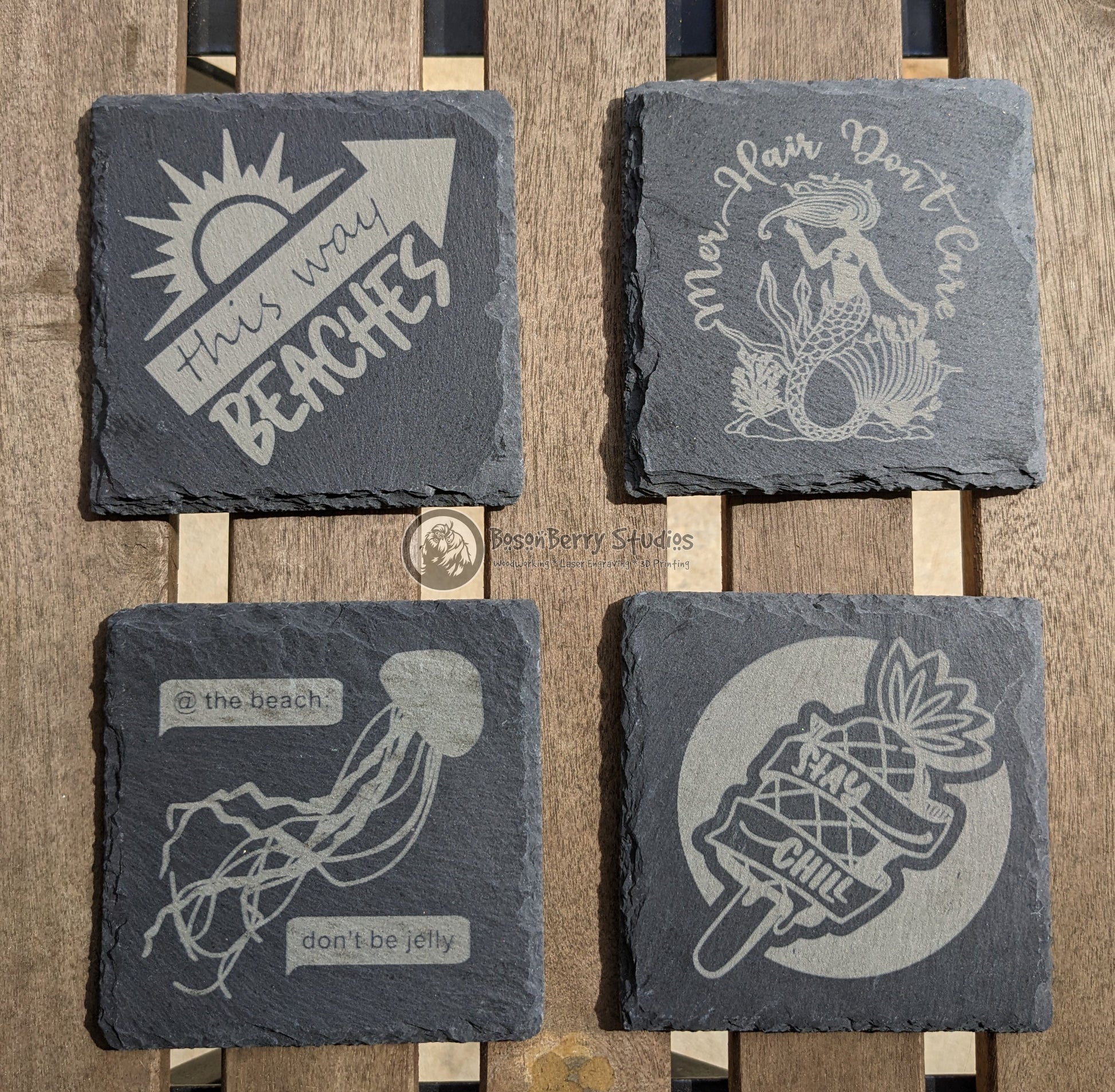 Beach, Please! 4 Pack Slate Coasters | Laser Engraved | Funny Gifts | Home Decor