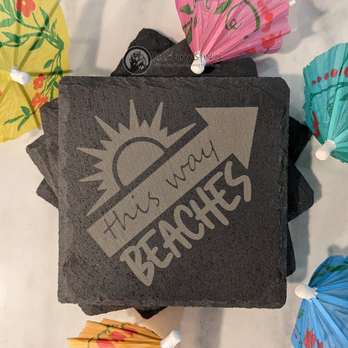 Beach, Please! 4 Pack Slate Coasters | Laser Engraved | Funny Gifts | Home Decor