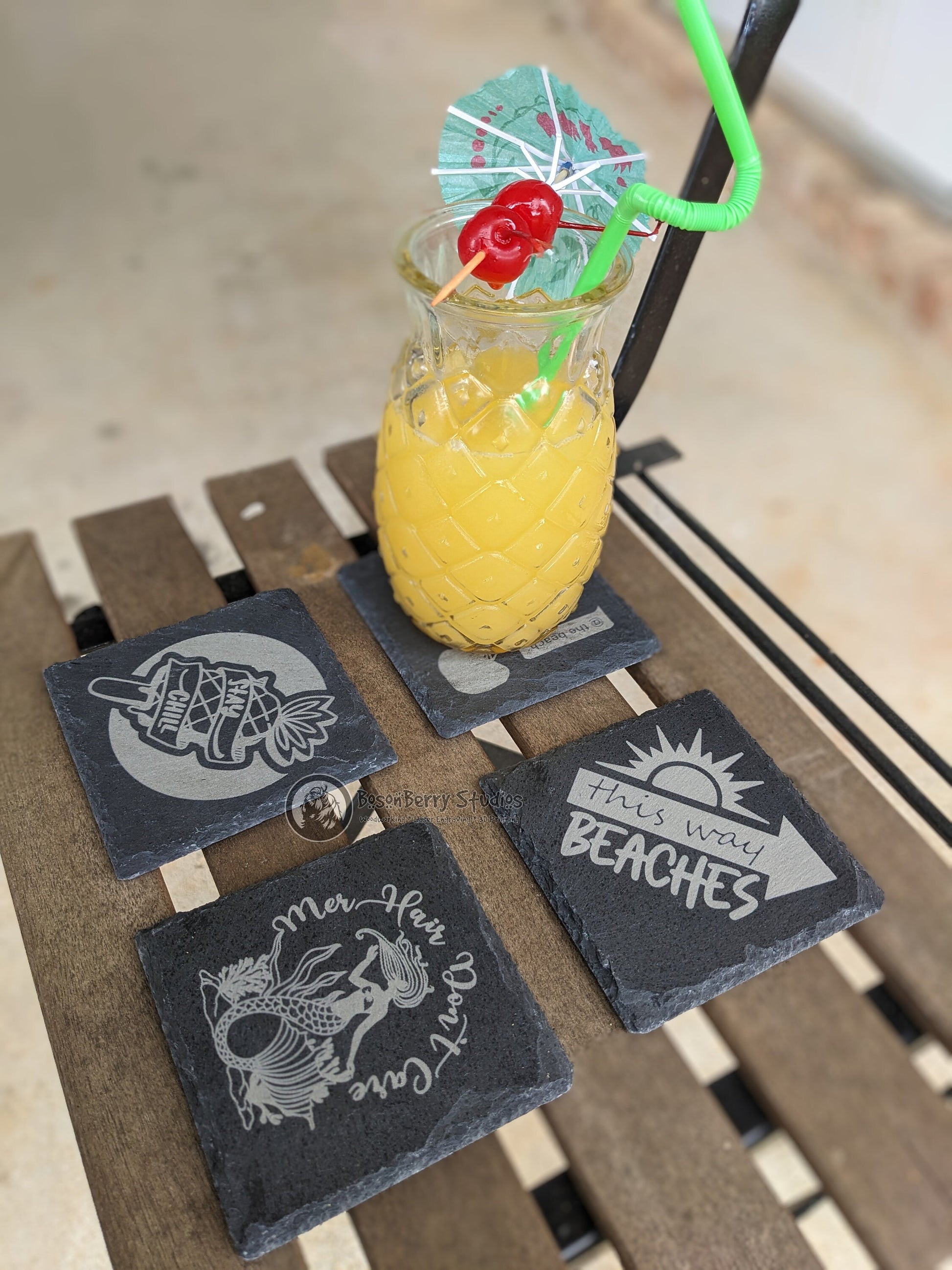 Beach, Please! 4 Pack Slate Coasters | Laser Engraved | Funny Gifts | Home Decor