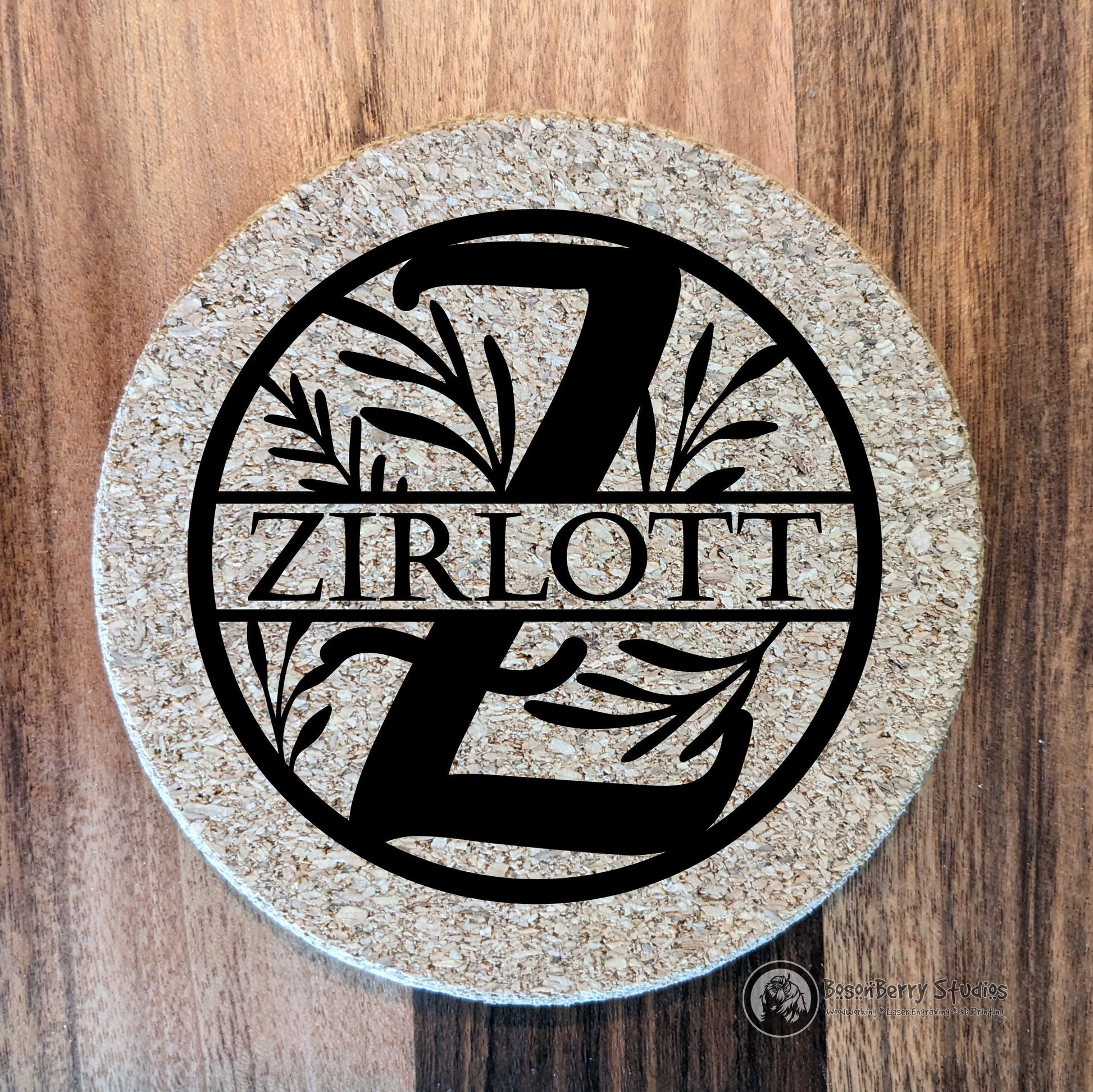 Floral Spray Monogram 4 Pack Cork Coasters | Laser Engraved | Gifts | Home Decor