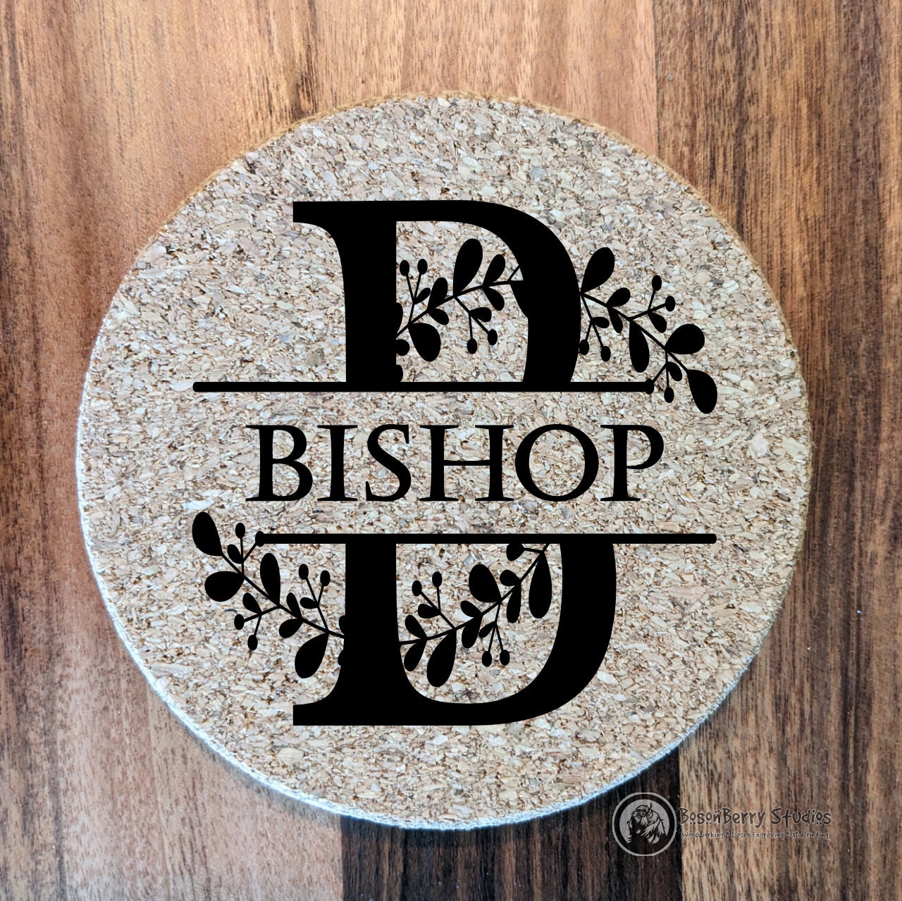 Leaves Sprig Monogram 4 Pack Cork Coasters | Laser Engraved | Gifts | Home Decor