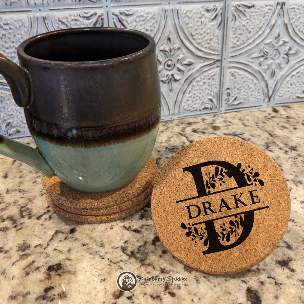 Leaves Sprig Monogram 4 Pack Cork Coasters | Laser Engraved | Gifts | Home Decor