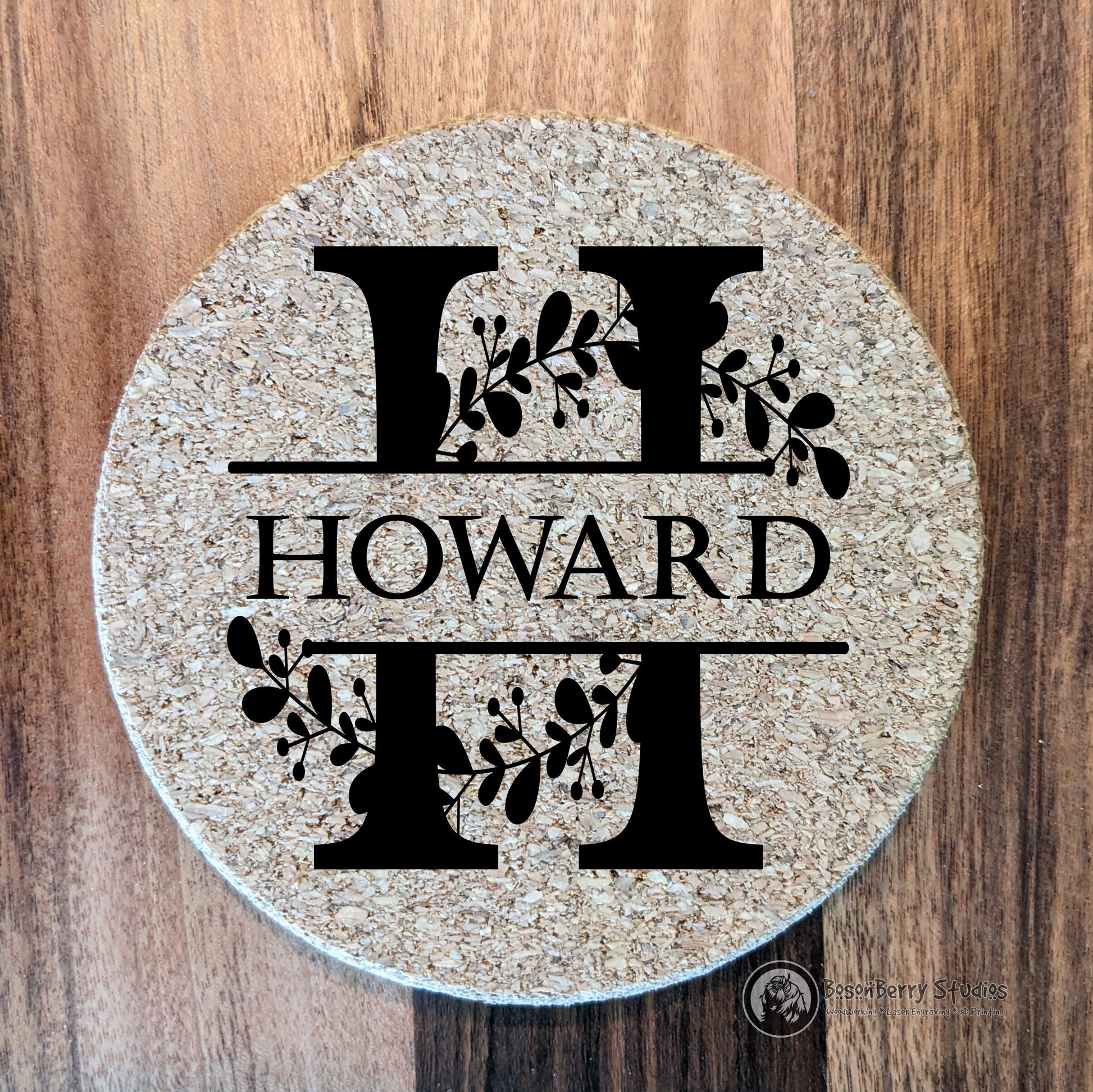 Leaves Sprig Monogram 4 Pack Cork Coasters | Laser Engraved | Gifts | Home Decor