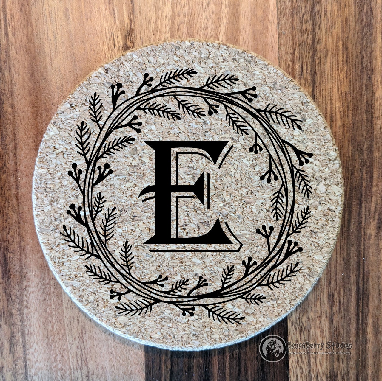 Herb Wreath Monogram 4 Pack Cork Coasters | Laser Engraved | Gifts | Home Decor