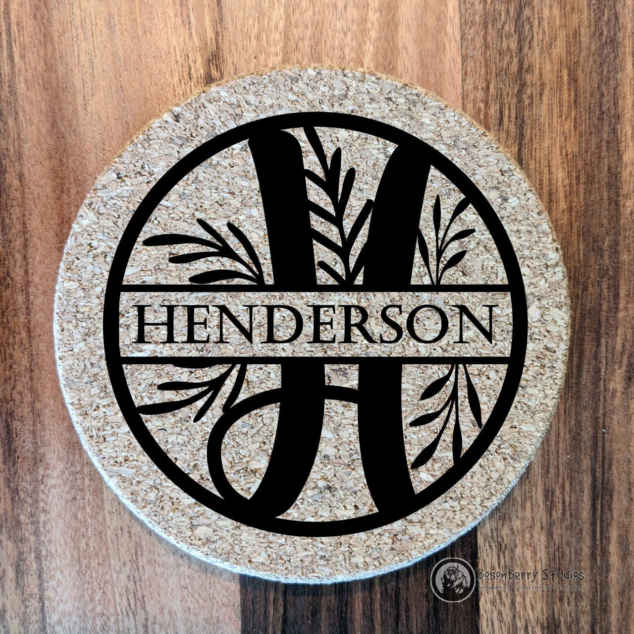 Floral Spray Monogram 4 Pack Cork Coasters | Laser Engraved | Gifts | Home Decor