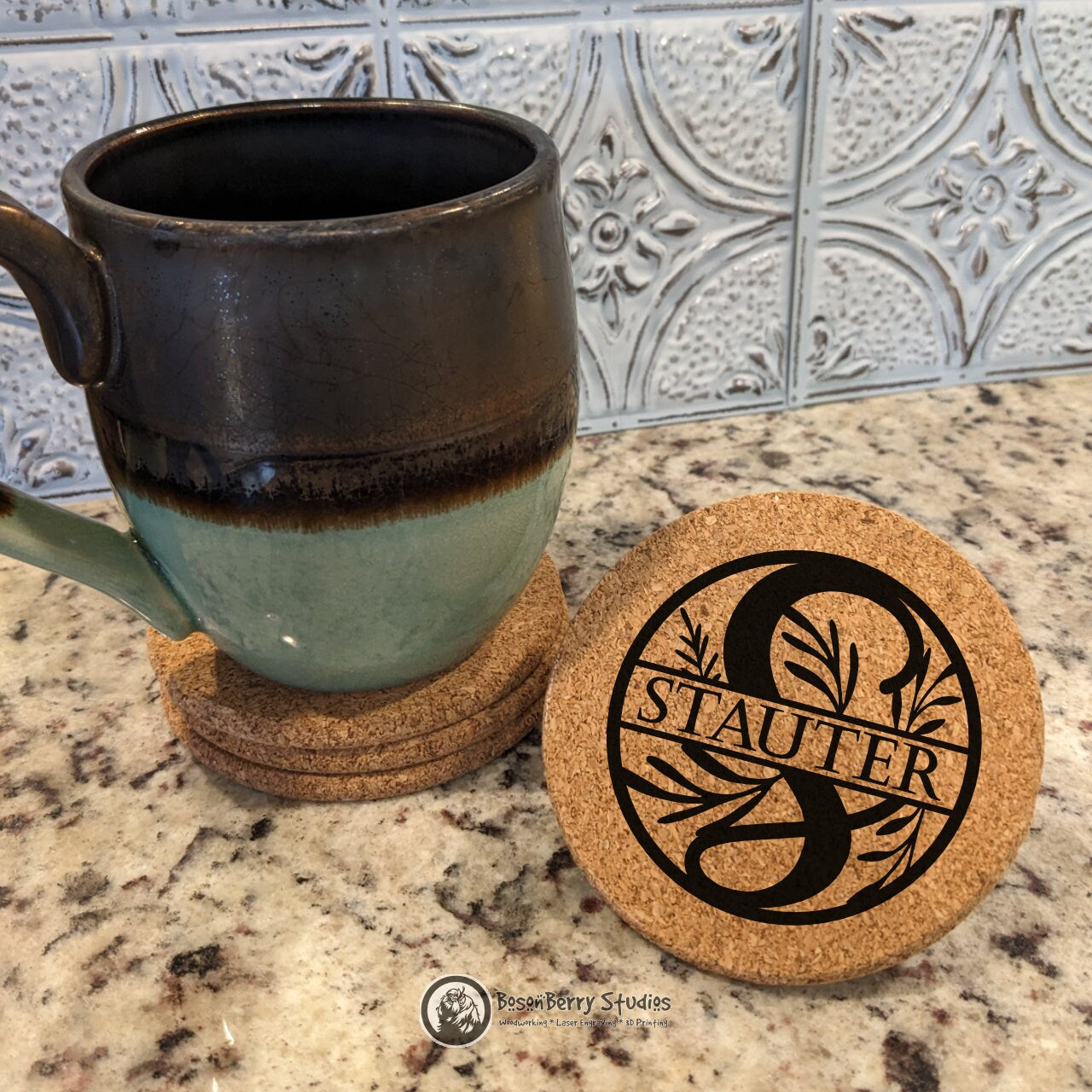 Floral Spray Monogram 4 Pack Cork Coasters | Laser Engraved | Gifts | Home Decor