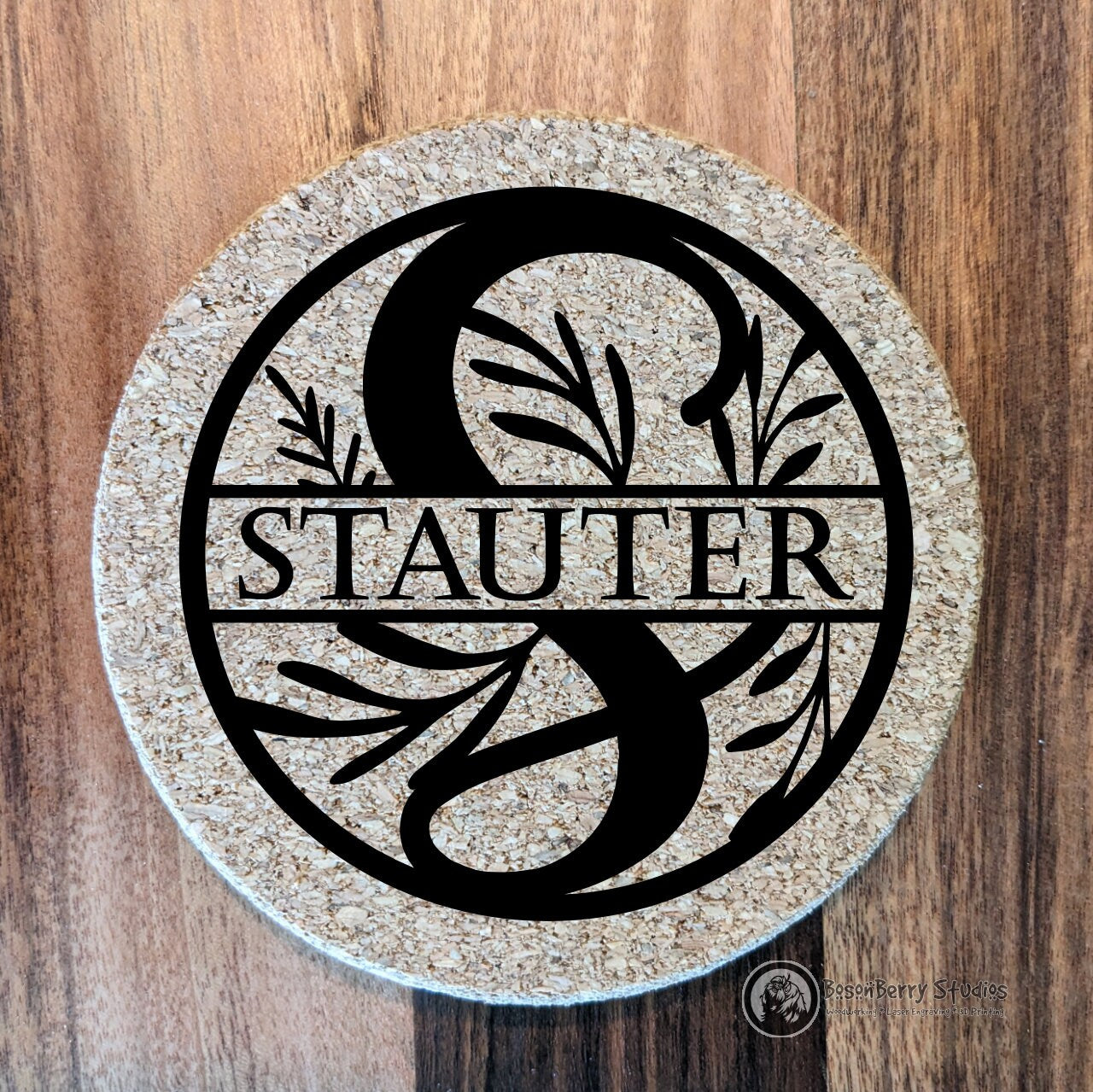 Floral Spray Monogram 4 Pack Cork Coasters | Laser Engraved | Gifts | Home Decor