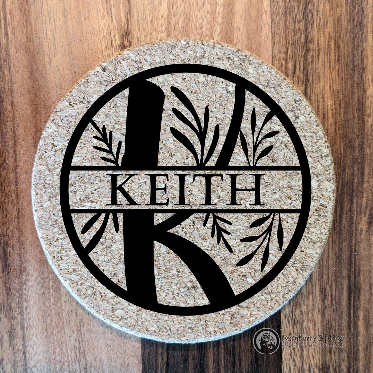 Floral Spray Monogram 4 Pack Cork Coasters | Laser Engraved | Gifts | Home Decor