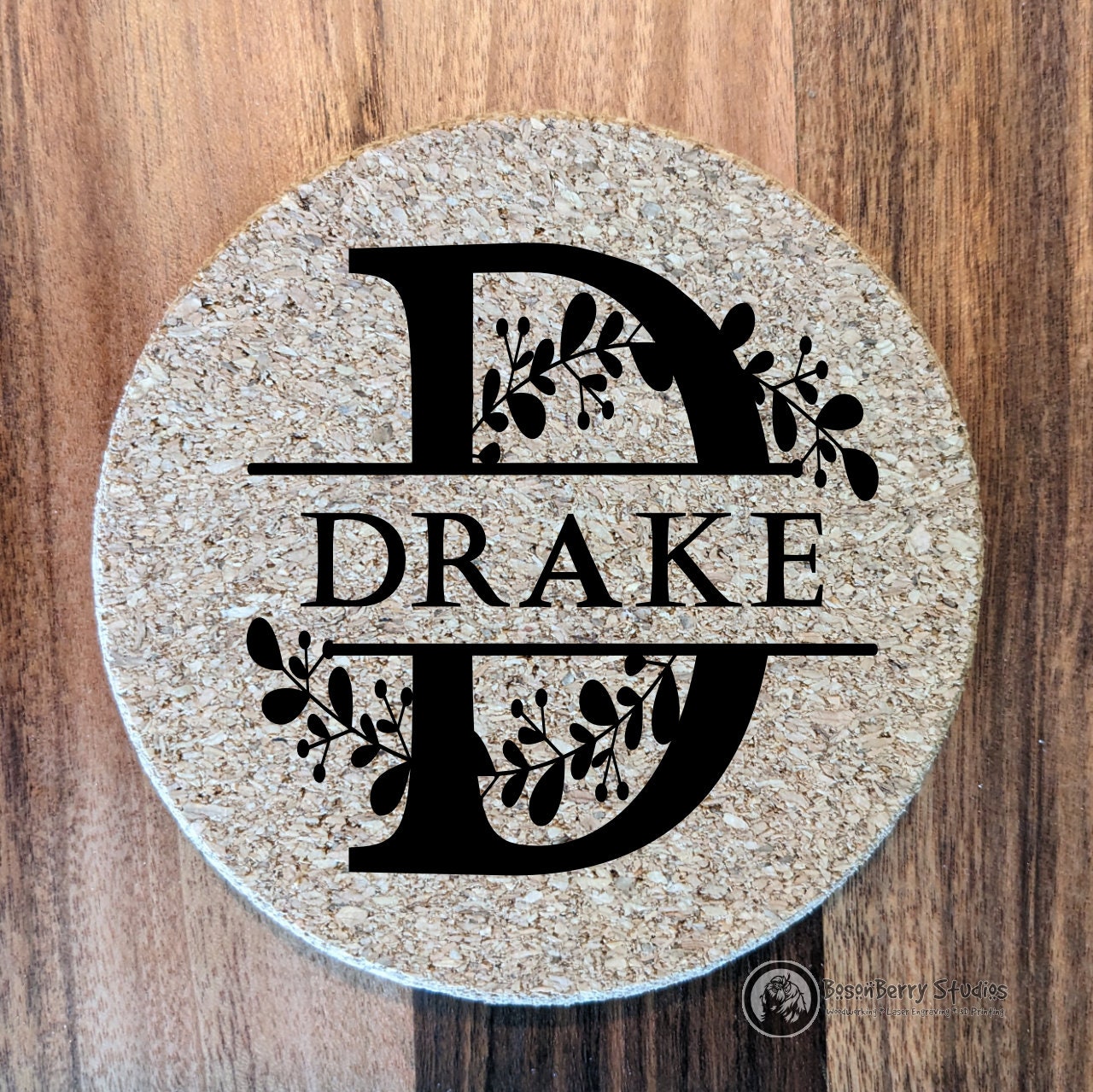 Leaves Sprig Monogram 4 Pack Cork Coasters | Laser Engraved | Gifts | Home Decor