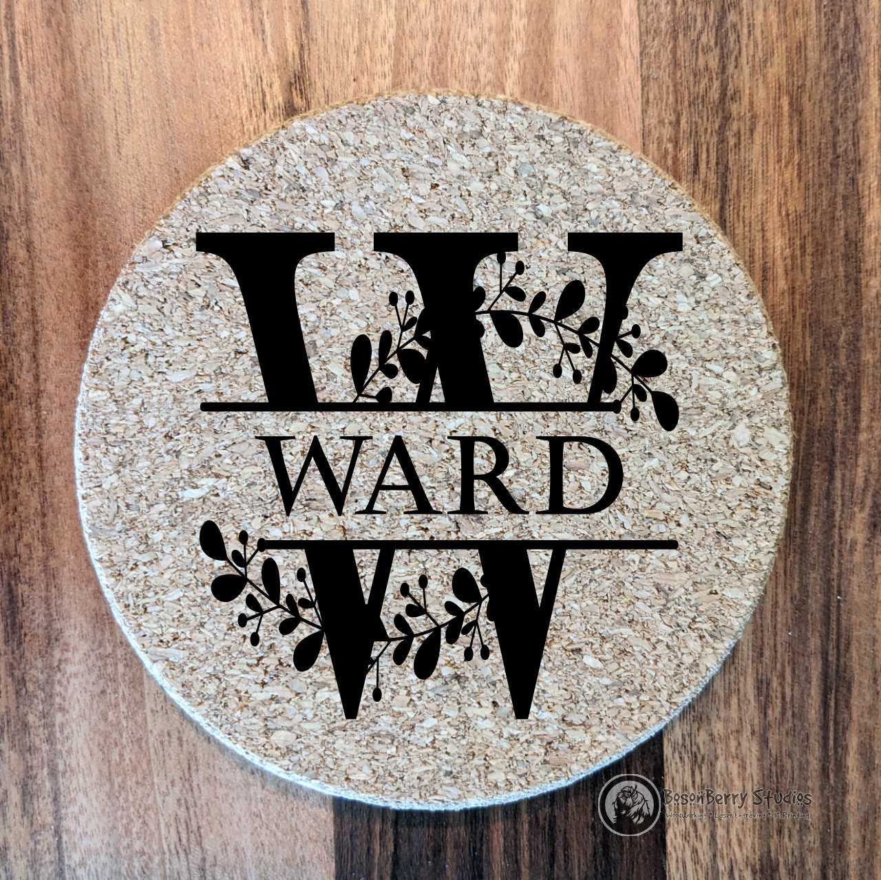 Leaves Sprig Monogram 4 Pack Cork Coasters | Laser Engraved | Gifts | Home Decor
