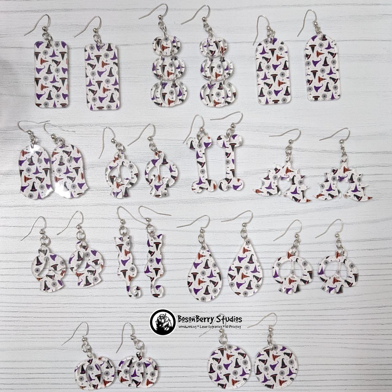 Acrylic "Halloween Hats and Spiders" Earrings-13 Designs | Witch Spooky Magic Cute Spell | Ghosts Cats Bones Skulls | Laser Cut
