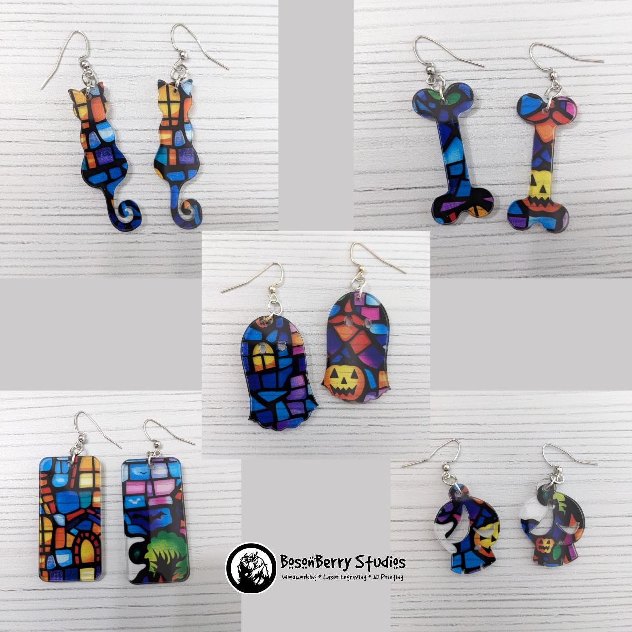 Acrylic "Haunted House Stained Glass" Earrings-13 Designs | Halloween Pumpkins Ghosts Bats | Blue Purple Yellow Transparent Look | Laser Cut