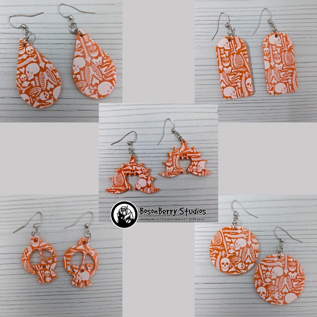 Acrylic "Scattered Bones on Orange" Earrings | Halloween Spooky Fun Fall | Skull Bone Cat Bat Pumpkin Shapes | Laser Cut