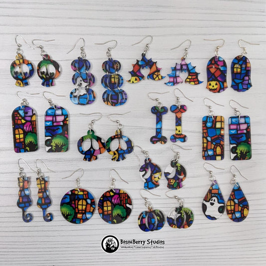 Acrylic "Haunted House Stained Glass" Earrings-13 Designs | Halloween Pumpkins Ghosts Bats | Blue Purple Yellow Transparent Look | Laser Cut