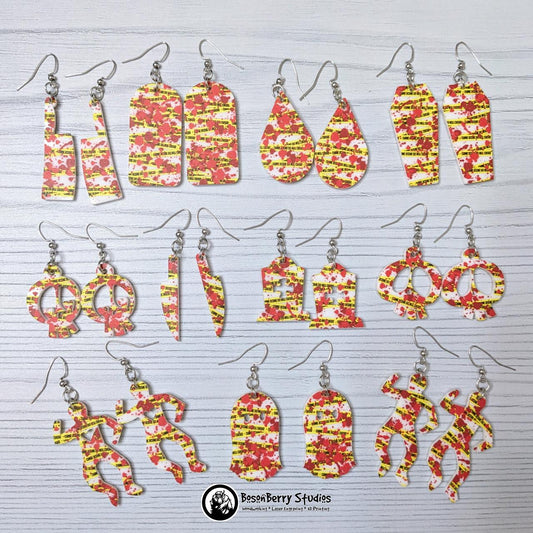 Acrylic "Blood Splatter Crime Scene" Earrings | Halloween Scary Murder True Crime Lovers | Skulls Knives Chalk Outlines Body | Laser Cut