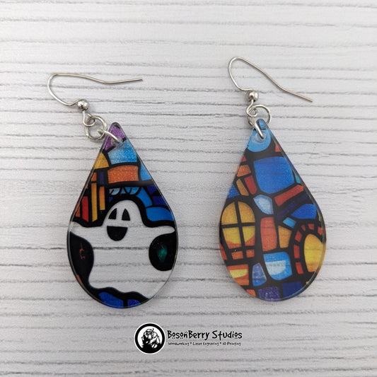 Acrylic "Haunted House Stained Glass" Earrings-13 Designs | Halloween Pumpkins Ghosts Bats | Blue Purple Yellow Transparent Look | Laser Cut