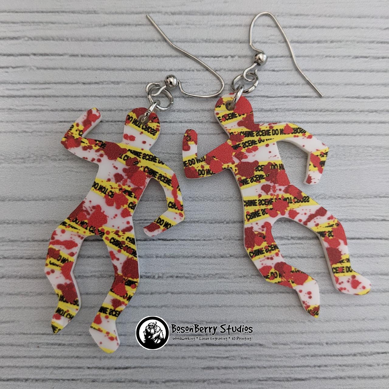 Acrylic "Blood Splatter Crime Scene" Earrings | Halloween Scary Murder True Crime Lovers | Skulls Knives Chalk Outlines Body | Laser Cut