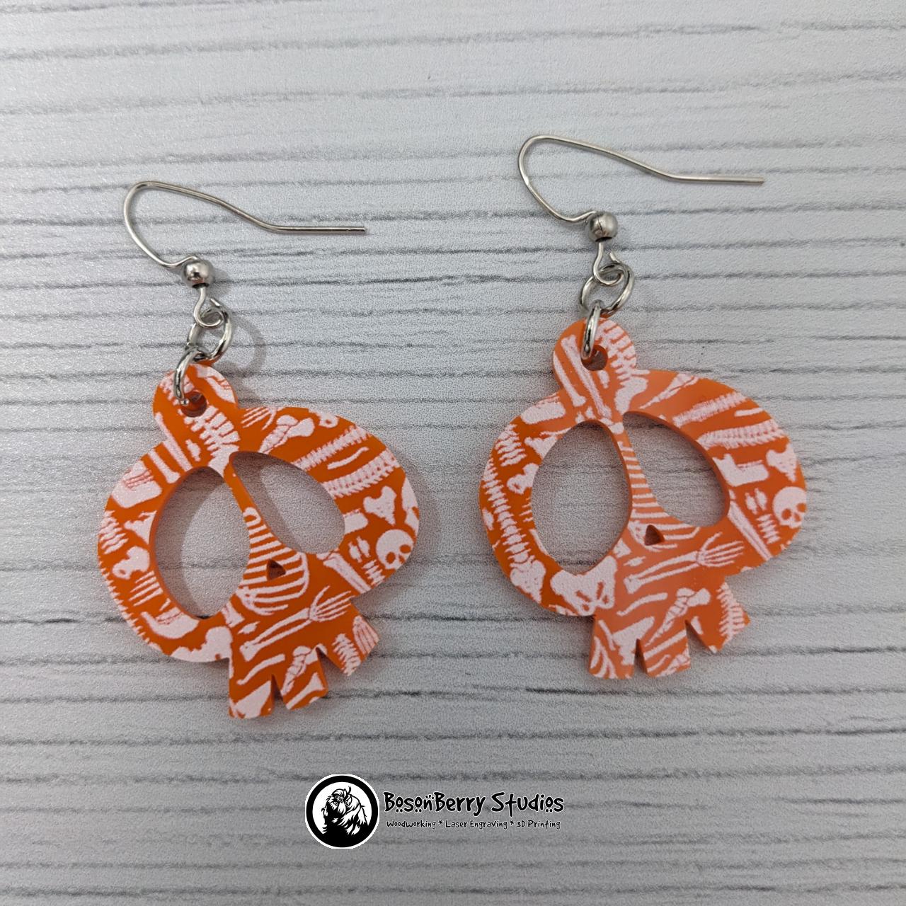 Acrylic "Scattered Bones on Orange" Earrings | Halloween Spooky Fun Fall | Skull Bone Cat Bat Pumpkin Shapes | Laser Cut