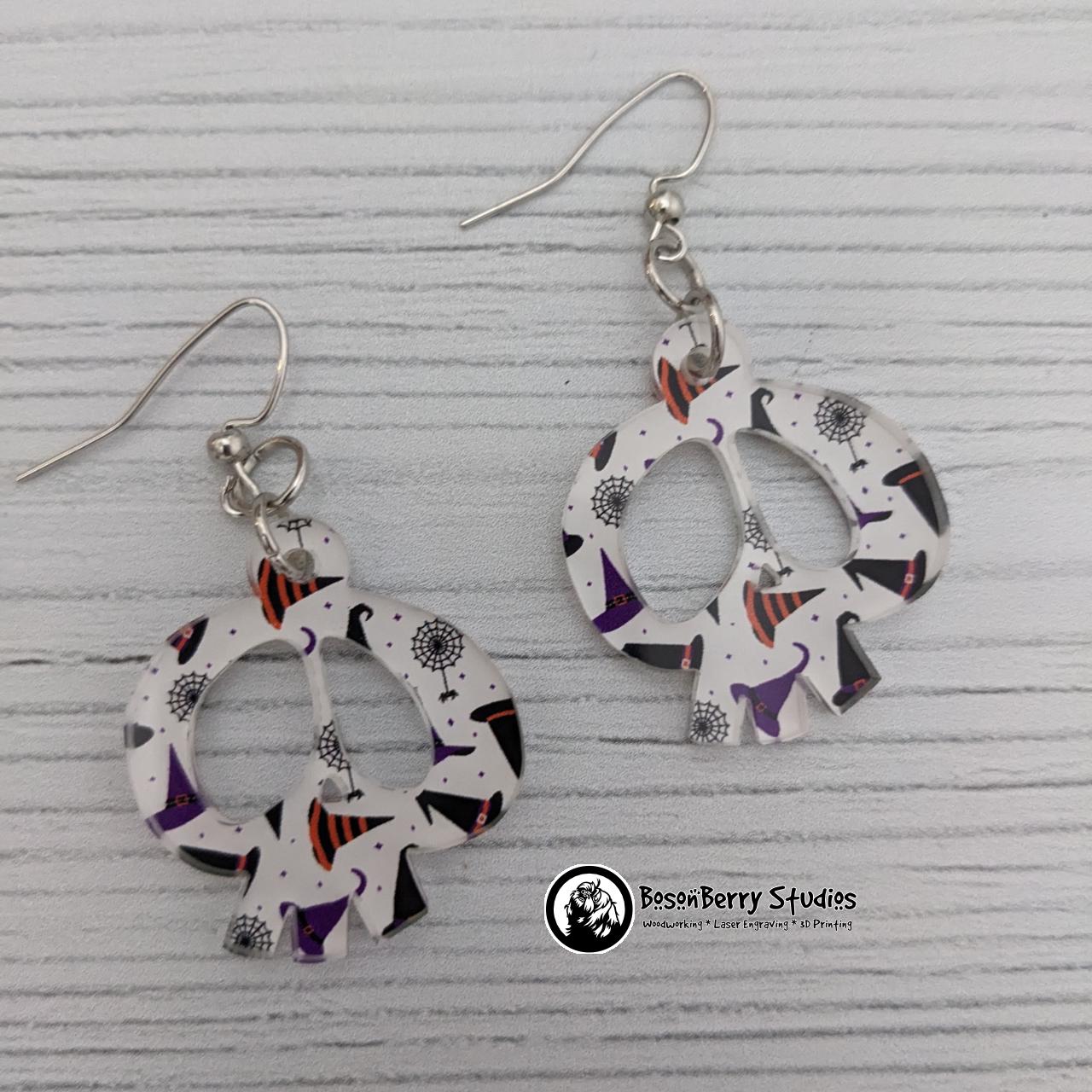 Acrylic "Halloween Hats and Spiders" Earrings-13 Designs | Witch Spooky Magic Cute Spell | Ghosts Cats Bones Skulls | Laser Cut