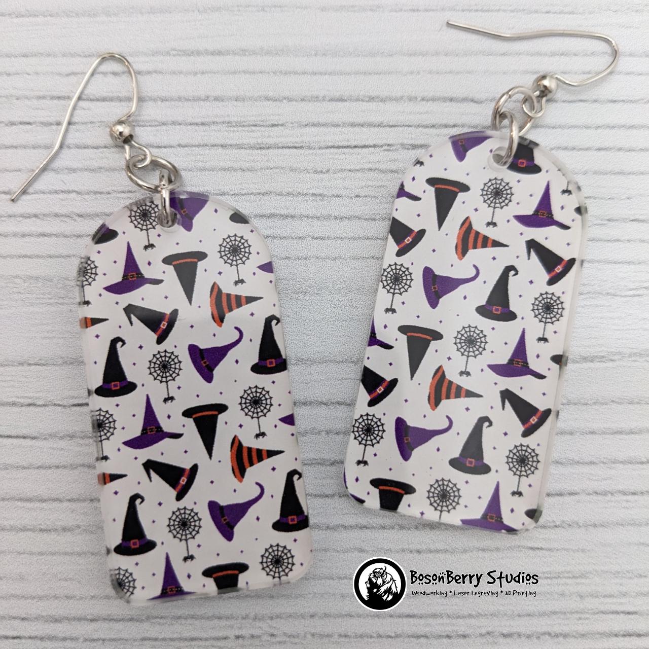 Acrylic "Halloween Hats and Spiders" Earrings-13 Designs | Witch Spooky Magic Cute Spell | Ghosts Cats Bones Skulls | Laser Cut