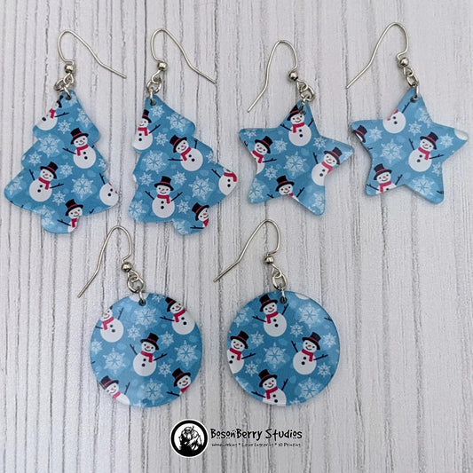 Blue Snowmen Acrylic Earrings | Laser Cut | Frosty | Cute Holiday Jewelry |