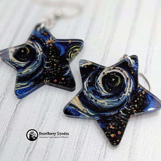 Starry Swirl Christmas Acrylic Earrings | Laser Cut | Night | Cute Holiday Jewelry | Christmas Trees | Snow | Van Gogh
