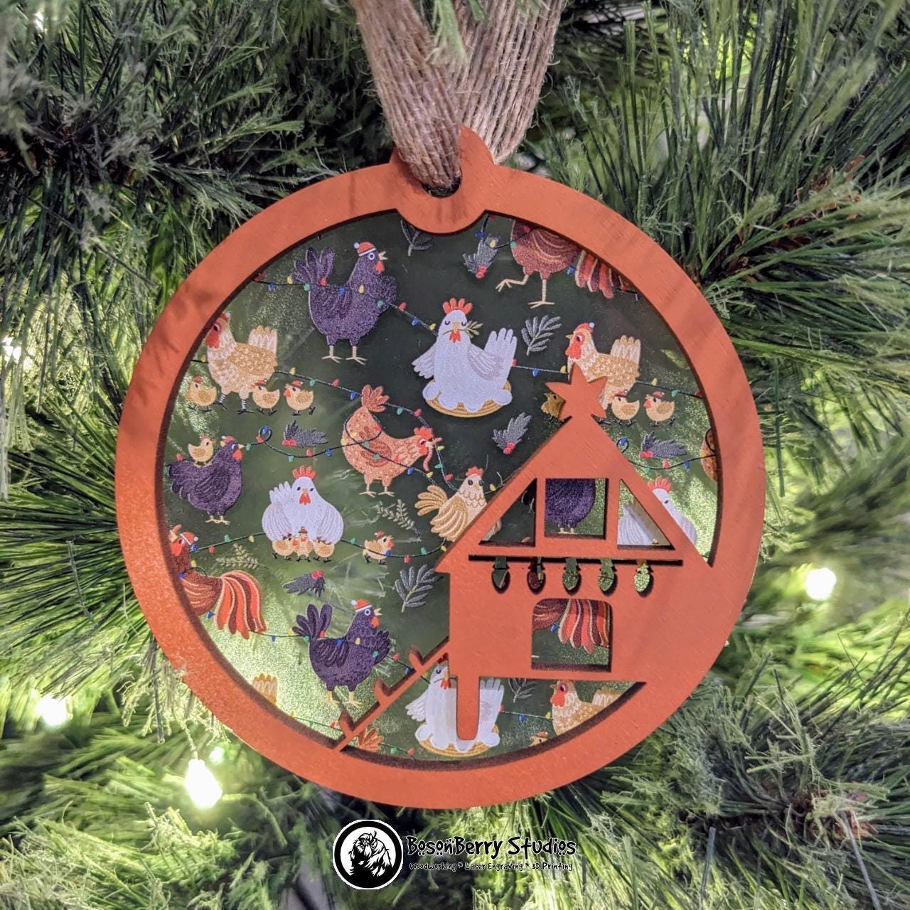Frosted Christmas Chickens Ornament | Décor Holiday Gift | Farm | Barnyard | Coop |