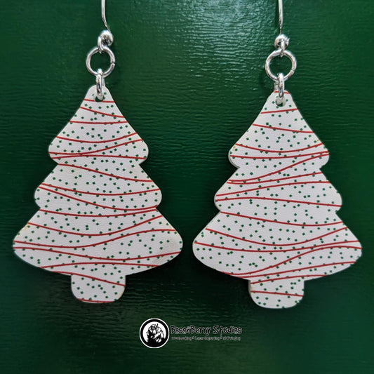 Christmas Snack Cake Acrylic Earrings | Laser Cut Tree Shape Outline | Cute Holiday Jewelry