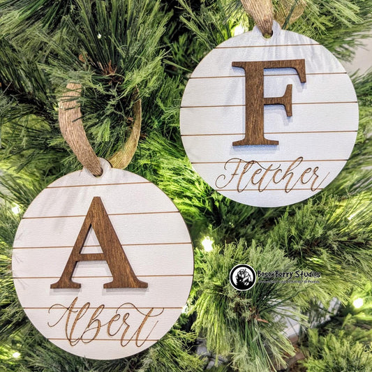 Shiplap Monogram Christmas Ornament | Holiday Tree Present Package Gift Decoration Custom Personalized Farmhouse