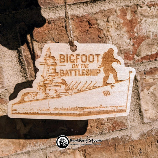 Bigfoot on the Battleship Christmas Ornament | Lower Alabama Mobile Bay | Décor Holiday Gift | Gulf Coast | USS Alabama