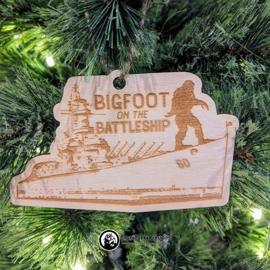 Bigfoot on the Battleship Christmas Ornament | Lower Alabama Mobile Bay | Décor Holiday Gift | Gulf Coast | USS Alabama