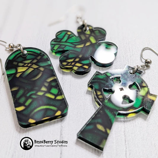Celtic Stained Glass Acrylic Earrings | Laser Cut | Cute Jewelry | Cross | St Patrick's Day | Green Shamrock | Girlfriend Wife Holiday Gift