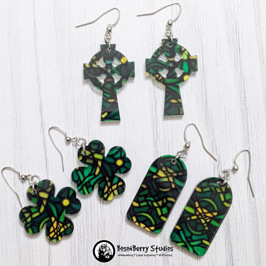 Celtic Stained Glass Acrylic Earrings | Laser Cut | Cute Jewelry | Cross | St Patrick's Day | Green Shamrock | Girlfriend Wife Holiday Gift