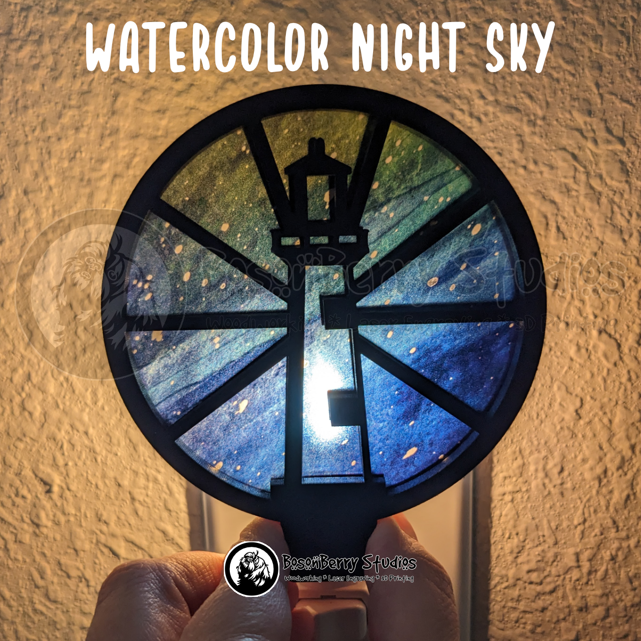 Lighthouse Nightlight shown with Watercolor Night Sky transparent background.